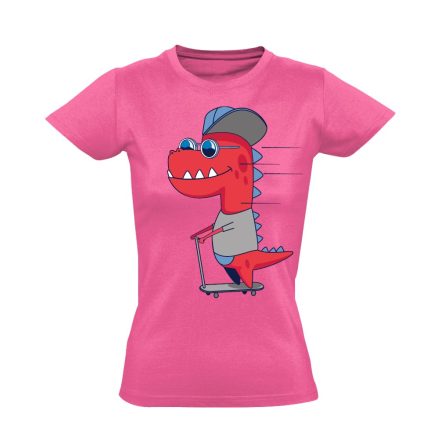 Cartoon "gördeszkás dínó" női póló (rózsaszín)