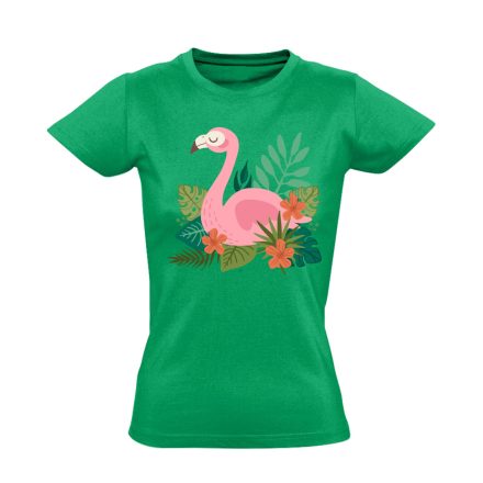 Trópusi pihenős flamingós női póló (zöld)