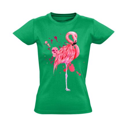 Realisztikus "fröccs" flamingós női póló (zöld)