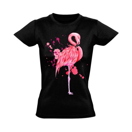 Realisztikus "fröccs" flamingós női póló (fekete)