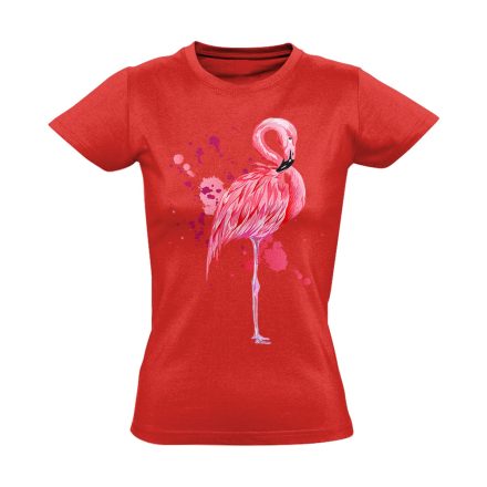 Realisztikus "fröccs" flamingós női póló (piros)