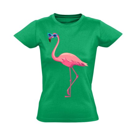 Realisztikus "napszemcsi" flamingós női póló (zöld)
