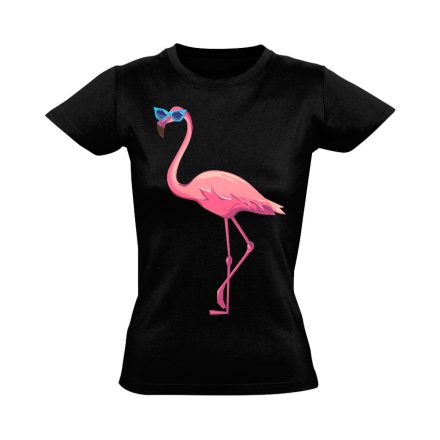 Realisztikus "napszemcsi" flamingós női póló (fekete)