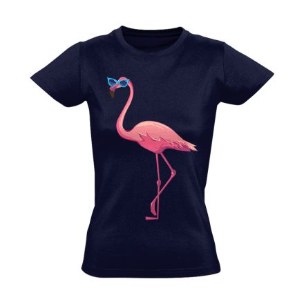 Realisztikus "napszemcsi" flamingós női póló (tengerészkék)