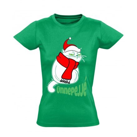Portré "ünnepejjé" karácsonyi macskás női póló (zöld)