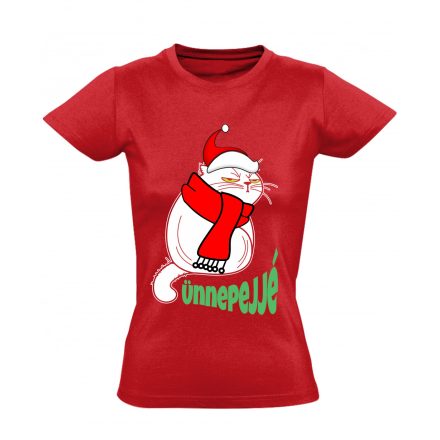 Portré "ünnepejjé" karácsonyi macskás női póló (piros)