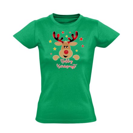 Cuki szarvas karácsonyi női póló (zöld)