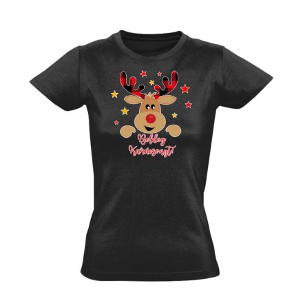 Cuki szarvas karácsonyi női póló (fekete)
