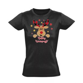 Cuki szarvas karácsonyi női póló (fekete) akciós póló - XL   Cuki szarvas karácsonyi női póló (fekete) akciós póló - XL