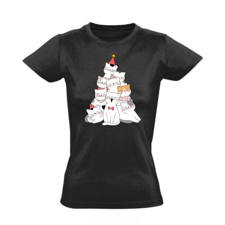 Ünnepi cuki cicafa karácsonyi női póló (fekete) akciós póló - S