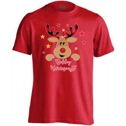 Cuki szarvas karácsonyi férfi póló (piros) akciós póló - XL
