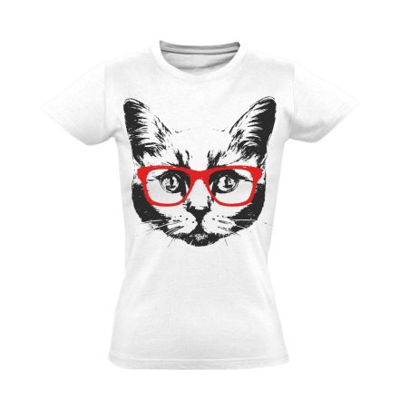 Portré "szemüveg" macskás női póló (fehér)