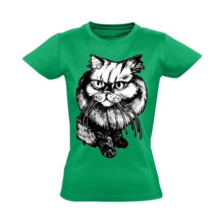 Portré "bajszos" macskás női póló (zöld)