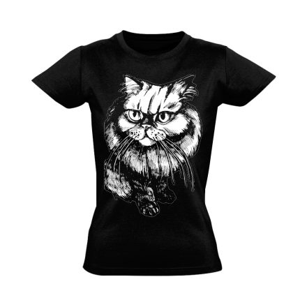 Portré "bajszos" macskás női póló (fekete)