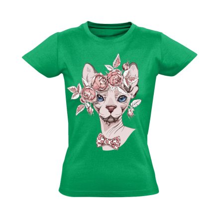 Portré "rózsás" macskás női póló (zöld)