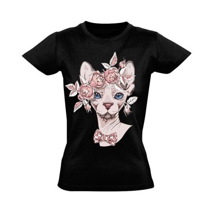 Portré "rózsás" macskás női póló (fekete)
