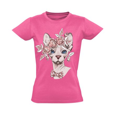 Portré "rózsás" macskás női póló (rózsaszín)