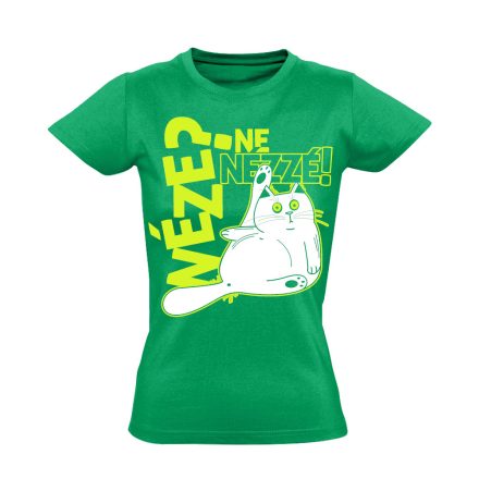Portré "nenézzé" macskás női póló (zöld)