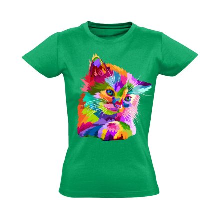 Cuki "színes" macskás női póló (zöld)