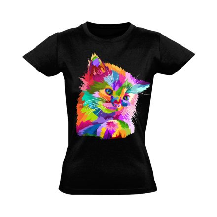 Cuki "színes" macskás női póló (fekete)
