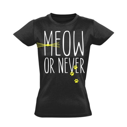 Felirat "most vagy soha" macskás női póló (fekete)