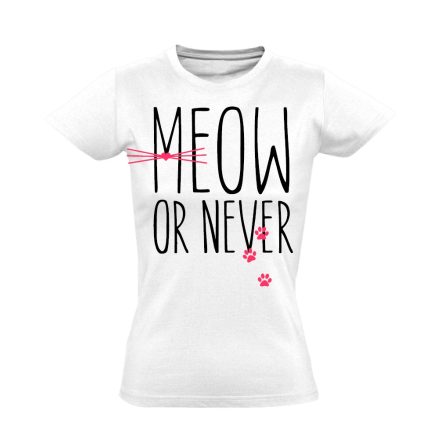 Felirat "most vagy soha" macskás női póló (fehér)