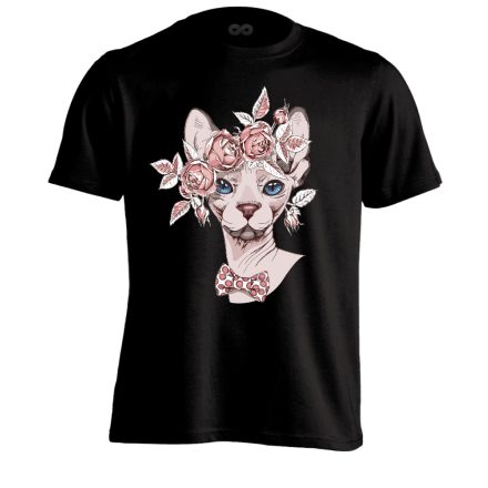 Portré "rózsás" macskás férfi póló (fekete)