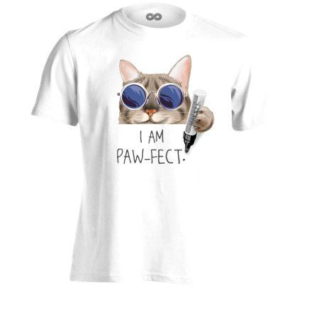Felirat "pew-fect" macskás férfi póló (fehér)