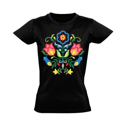 VidámTulipán folklóros női póló (fekete)